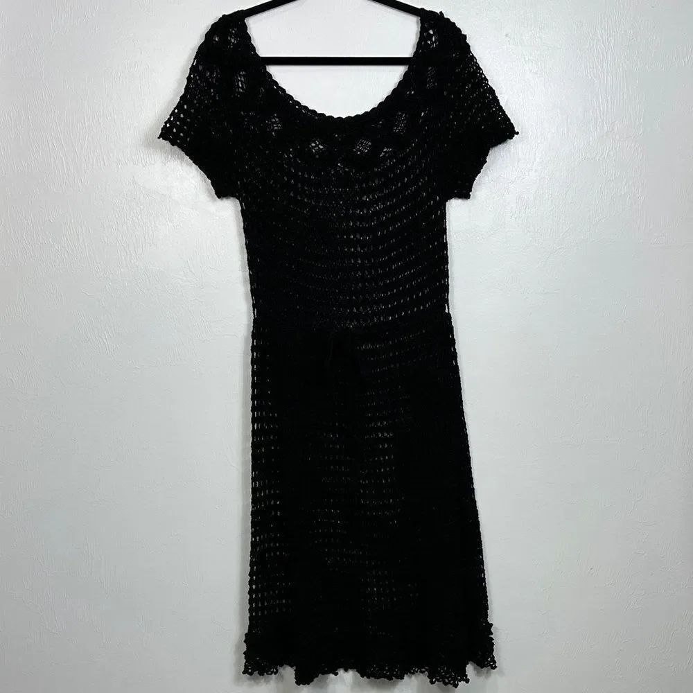 Black Open Knit Vintage Short Sleeve Scoop Neck Midi Dress Size L